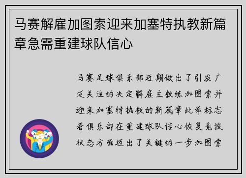 马赛解雇加图索迎来加塞特执教新篇章急需重建球队信心
